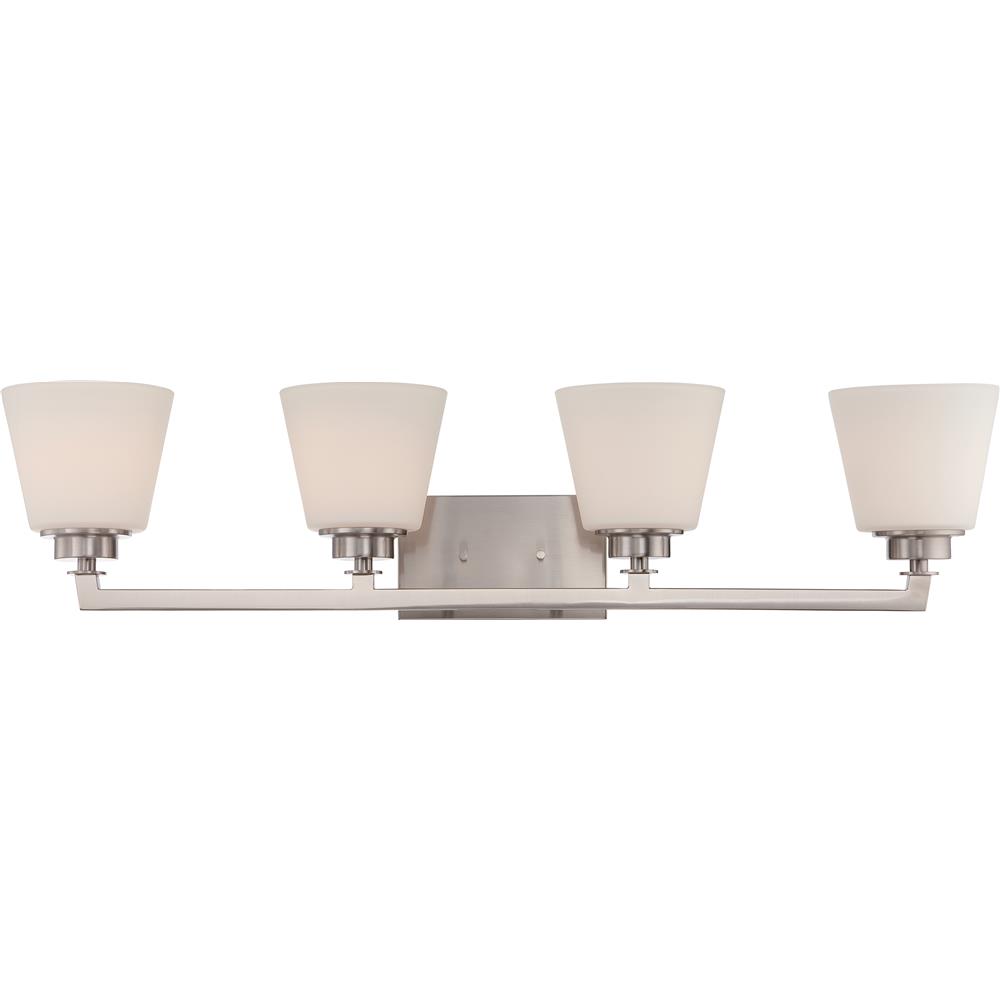 Nuvo Lighting 60/5454  Mobili - 4 Light Vanity Fixture with Satin White Glass in Brushed Nickel Finish